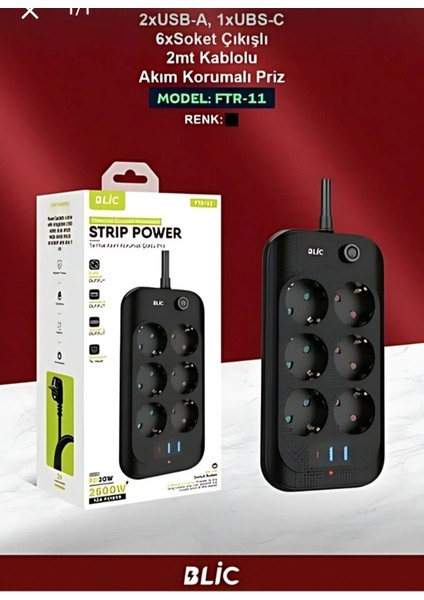 Blic Ftr-11 2 Usb-A - 6 Soket -1 Ubs-C - 2mt Kablolu Akım Korumalı Priz