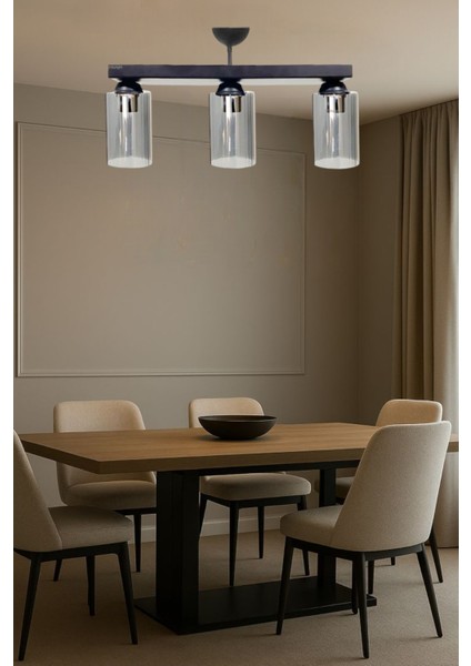 Füme Camlı 3’lü Sıralı Japon Modern Sarkıt Salon Avizesi – Siyah Metal Gövdeli