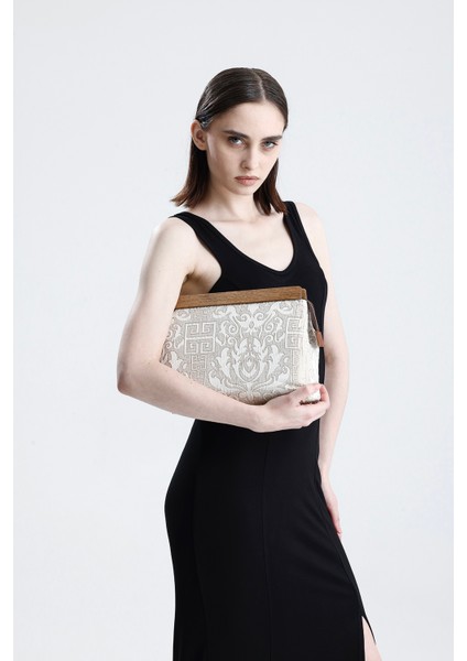 Kadın Krem Otantik Desen Clutch Çanta