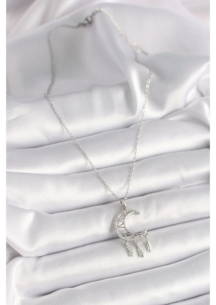 Bfs 316L Çelik Gümüş Renk Zincir Zirkon Taşlı Hilal Model Sallantı Yaprak Detay Kadın Kolye fiyatları