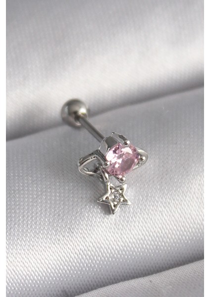 Bfs 316L Çelik Gümüş Renk Pembe Zirkon Taşlı Sallantı Yıldız Detay Tragus Piercing
