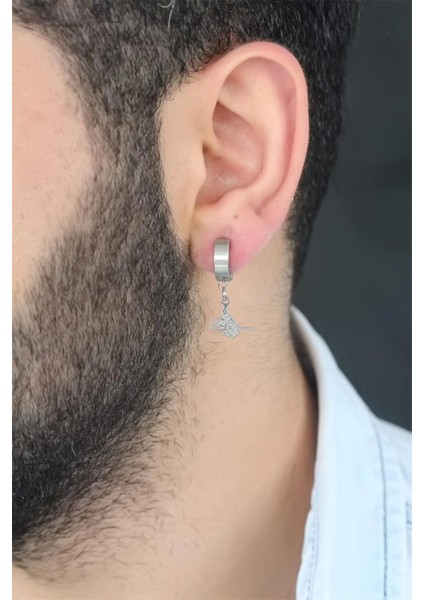 Bfs Silver Renk Kaplama Osmanlı Tuğra Figürlü Kıstırmalı Çelik Erkek Küpe