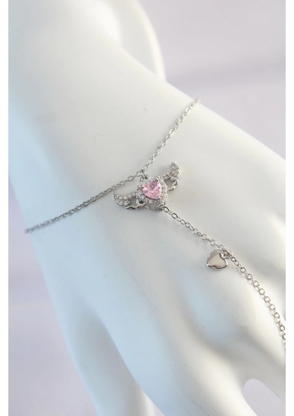 Bfs 316L Çelik Gümüş Renk Pembe Zirkon Taşlı Kanatlı Kalp Model Şahmeran fiyatları