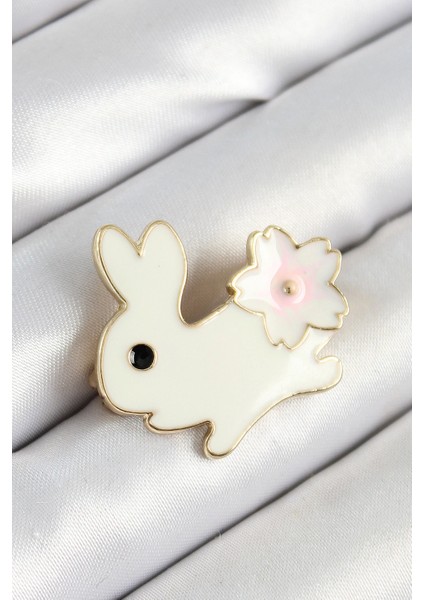 Bfs Mineli Çiçek Detaylı Krem Tavşan Figürlü Gold Renk Kadın Broş