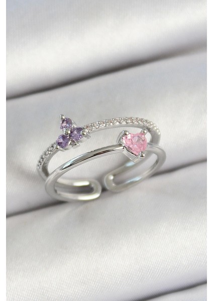 Bfs Pirinç Kalp ve Çiçek Figürlü Zirkon Taşlı Gümüş Renk Ayarlanabilir Kadın Yüzük