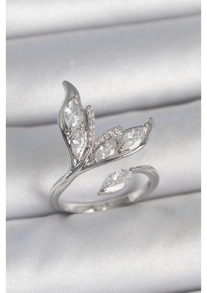 Bfs Pirinç Gümüş Renk Zirkon Taşlı Balık Kuyruğu Model Ayarlanabilir Kadın Yüzük