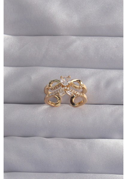 Bfs Pirinç Ayarlamalı Gold Renk Zirkon Taşlı 2li Görünüm Fiyonk Yüzük