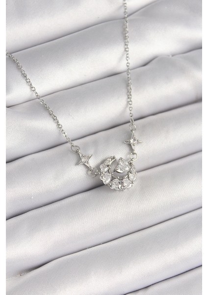 Bfs 316L Çelik Gümüş Renk Zirkon Taşlı Hilal Kalp Model Kadın Kolye