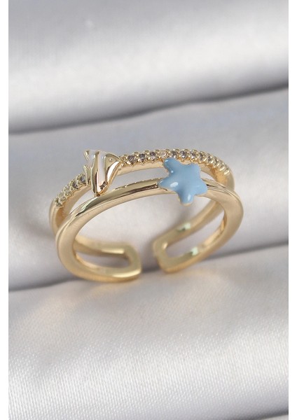 Bfs Pirinç Gold Renk 2'li Zirkon Taşlı Mavi Yıldız Figür Ayarlanabilir Kadın Yüzük