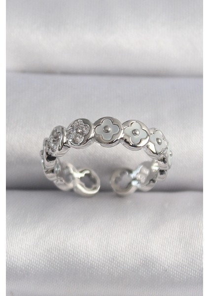 Bfs Pirinç Gümüş Renk Beyaz Sedefli Yonca Model Kadın Yüzük