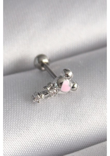 Bfs 316L Çelik Gümüş Renk Zirkon Taş Detay Pembe Kalp Işleme Tragus Piercing