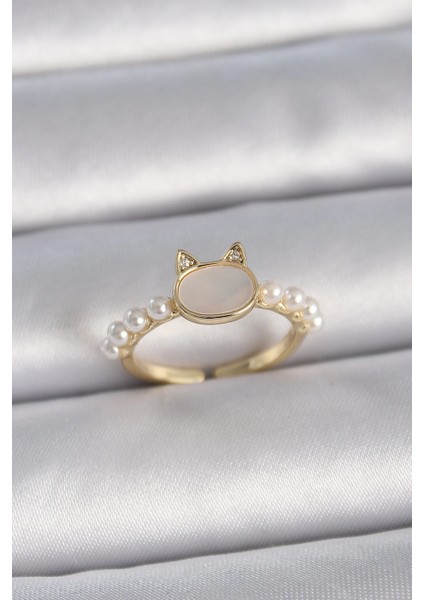 Bfs Pirinç Gold Renk Ayarlanabilir Beyaz Mineli Kedi Model Inci Detay Kadın Yüzük