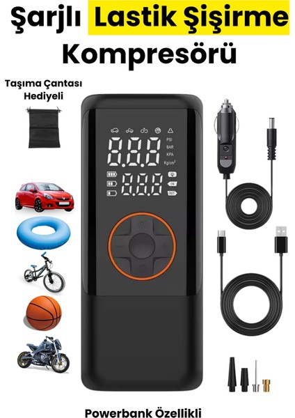 4500 Mah Şarjlı Taşınabilir Araba Lastik Hava Top Şişirme Pompası LED Işıklı Dijital Hava Kompresörü