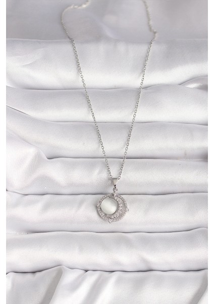 Bfs 316L Çelik Gümüş Renk Zirkon Taşlı Beyaz Sedefli Hilal Model Kadın Kolye fiyatları