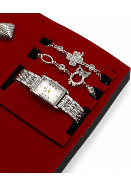 S Polo Kadın Saat Bileklik Kolye ve Küpe Hediyeli Kombin Set Kutu Gümüş Renk