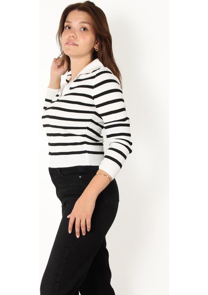 2058 Çizgili Düğmeli Polo Yaka Kazak