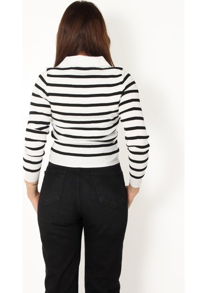 2058 Çizgili Düğmeli Polo Yaka Kazak