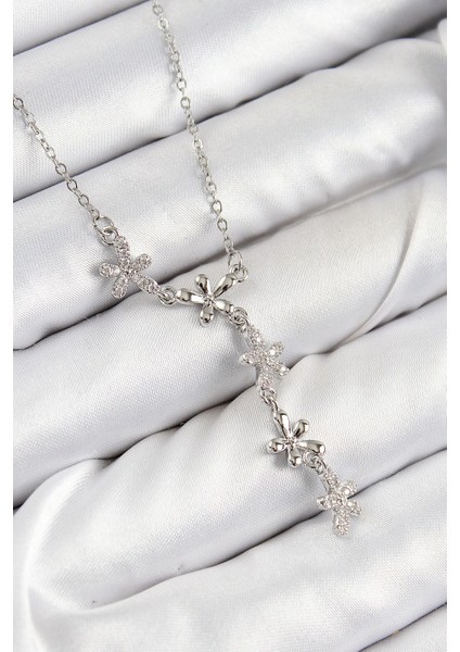 Bfs 316L Çelik Zirkon Taşlı Çiçek Model Gümüş Renk Kadın Kolye