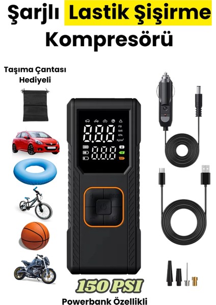 Dijital Göstergeli LED Işıklı Taşınabilir 4500MAH Araç Lastik Şişirme Hava Kompresörü