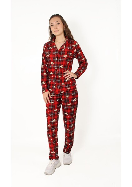 02259 Ayıcık Ekose Uzunkol Üst Uzun Alt Pijama Takımı