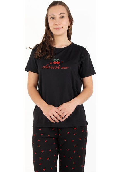 3203 Milan Sıfır Yaka Kısa Kol Üst Uzun Alt Cherish Me Pijama Takımı