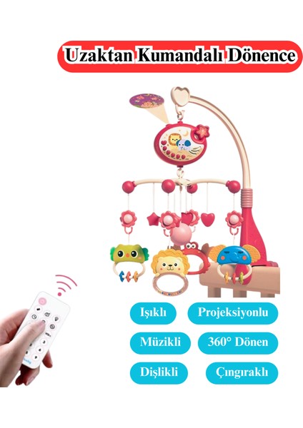 Pilli Işıklı Müzikli Projektörlü Kumandalı Sabitlemeli Dönence Çıngıraklı Dişlikli Bebek Yatıştırıcı Kırmızı ve Mavi