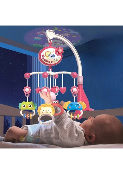 Pilli Işıklı Müzikli Projektörlü Kumandalı Sabitlemeli Dönence Çıngıraklı Dişlikli Bebek Yatıştırıcı Kırmızı ve Mavi