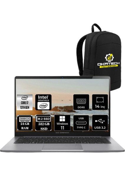Expertbook P1 Intel Core I7 13620H 24GB 512GB SSD 14" Fhd W11PRO Dizüstü Bilgisayar & Okatech Çanta
