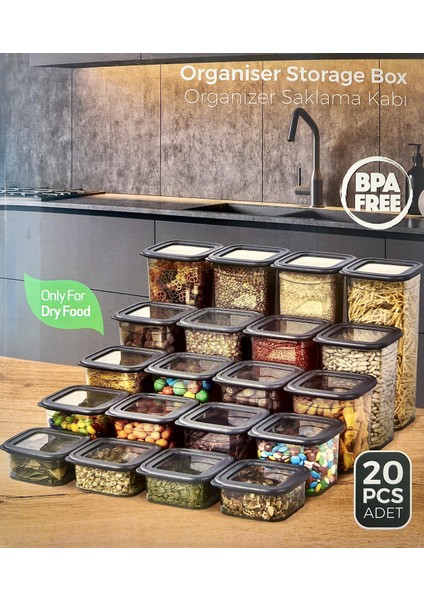 20’li Erzak ve Baharat Saklama Kabı Seti – Füme, Kapaklı, Çeyiz Seti