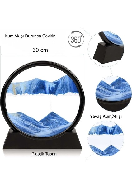 Hareketli 3D Kum Saati 30CM Büyük Boy Mavi Yuvarlak 12INCH Cam Dekoratif Sanatsal Rahatlatıcı