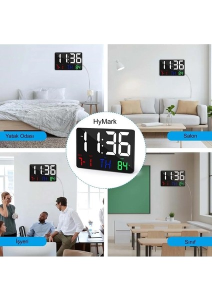 Dijital Duvar Saati Renkli Hd LED Ekran 25X16 cm Tarih Gün Sıcaklık Alarm USB Dekoratif Uzaktan Kumandalı