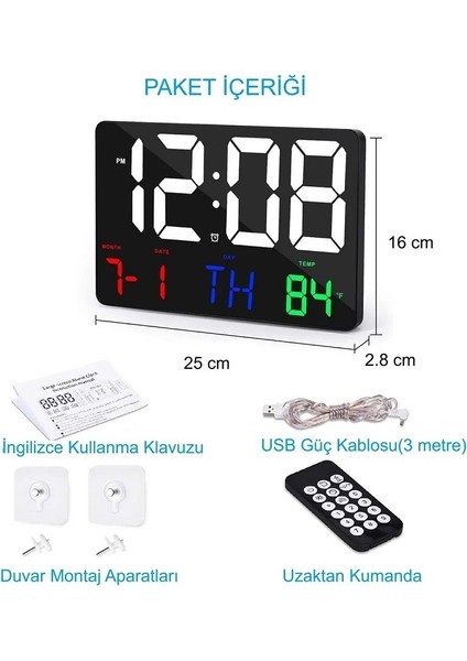 Dijital Duvar Saati Renkli Hd LED Ekran 25X16 cm Tarih Gün Sıcaklık Alarm USB Dekoratif Uzaktan Kumandalı modelleri