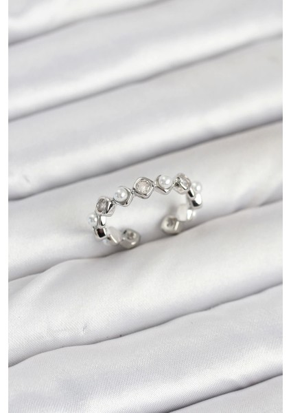 Bfs Pirinç Gümüş Renk Zirkon Taşlı Incili Kadın Yüzük