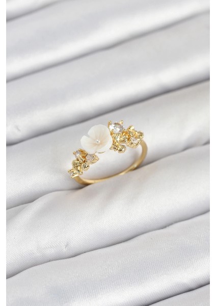 Bfs Pirinç Gold Renk Çiçek Model Zirkon Taşlı Kadın Yüzük