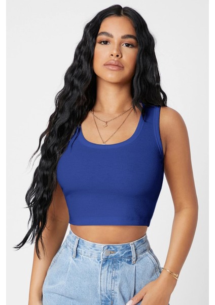 Kadın Lacivert Kare Yaka Crop Top Bluz
