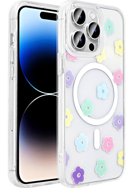 iPhone 14 Pro Kılıf M-Safe Şarj Özellikli Şeffaf Zore Folk Sert Kapak - Papatya