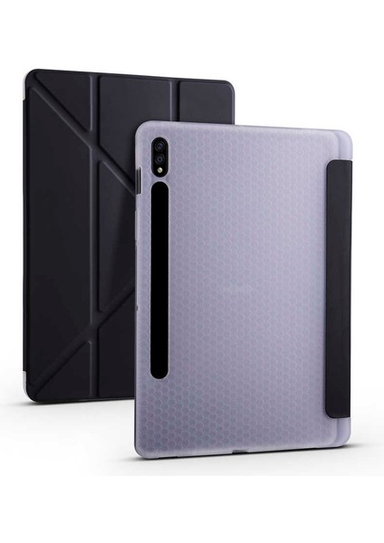 Galaxy Tab S7 Plus T970 Kılıf Uyumlu Lckc Tri Folding Kalem Bölmeli Standlı Kılıf-Siyah