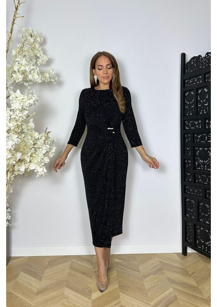 G1565 Taş ve Broş Detaylı Abiye Elbise Siyah