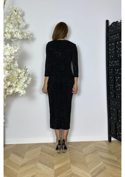 G1565 Taş ve Broş Detaylı Abiye Elbise Siyah fiyatları