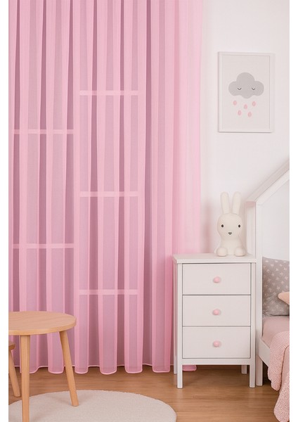 Pembe Tül Perde, Kız Çocuk Odası, Sık Pile, Düz, Sade, Tül Perde, Kornişli, Pembe
