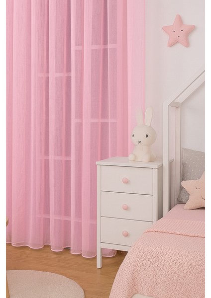 Pembe Tül Perde, Kız Çocuk Odası, Sık Pile, Düz, Sade, Tül Perde, Kornişli, Pembe modelleri