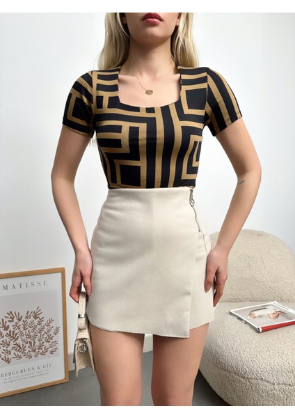 Kadın Kare Yaka Uzun Kollu Viskon Bluz