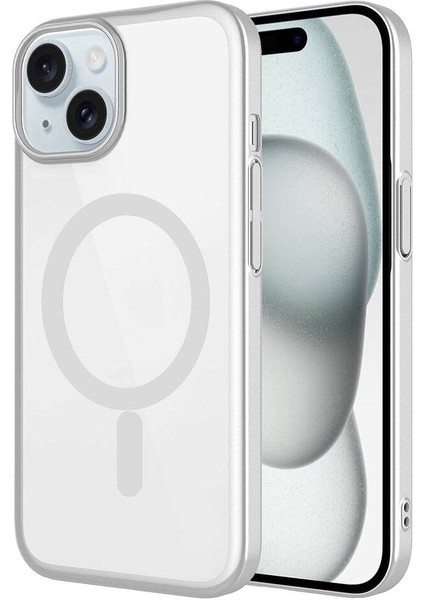 iPhone 15 Uyumlu Wireless Şarj Özellikli Sert Pc Lckc Mat Riksos Magsafe Kapak-Gümüş
