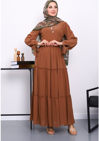 Camel Eteği Katlı Kol Bağlamalı Şifon Elbise