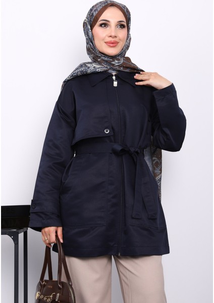 Lacivert Cep Detaylı Kuşaklı Ceket