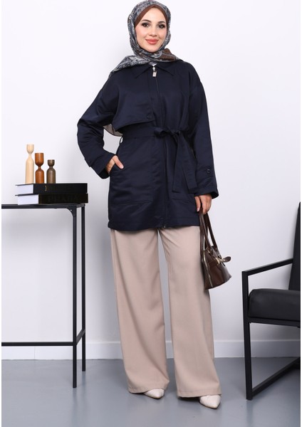 Lacivert Cep Detaylı Kuşaklı Ceket fiyatları