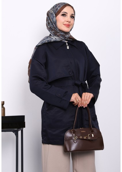 Lacivert Cep Detaylı Kuşaklı Ceket modelleri