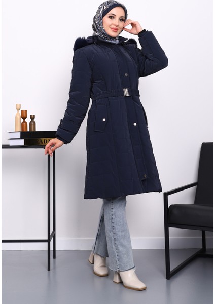 Lacivert Kapüşonu Kürklü Uzun Şişme Mont fiyatları