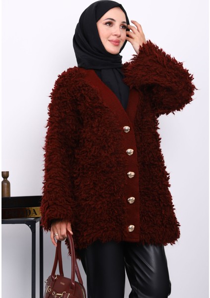 Bordo Düğmeli Angora Hırka
