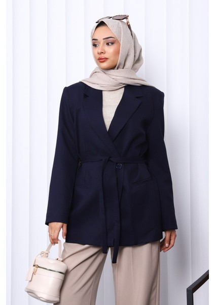 Lacivert Kruvaze Yaka Düğmeli Blazer Ceket